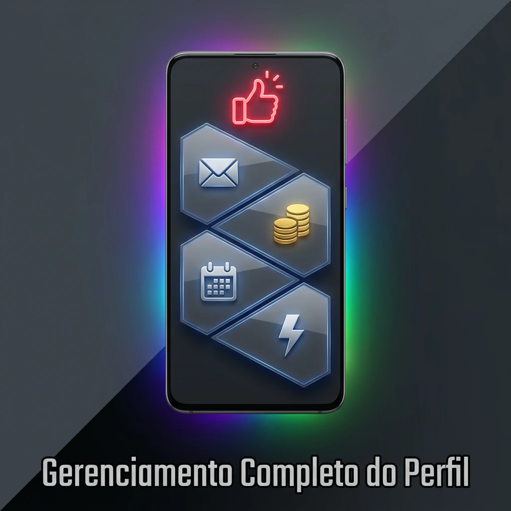 Painel de gerenciamento de perfil com saldos, configurações, histórico de apostas, validação de identidade e suporte.