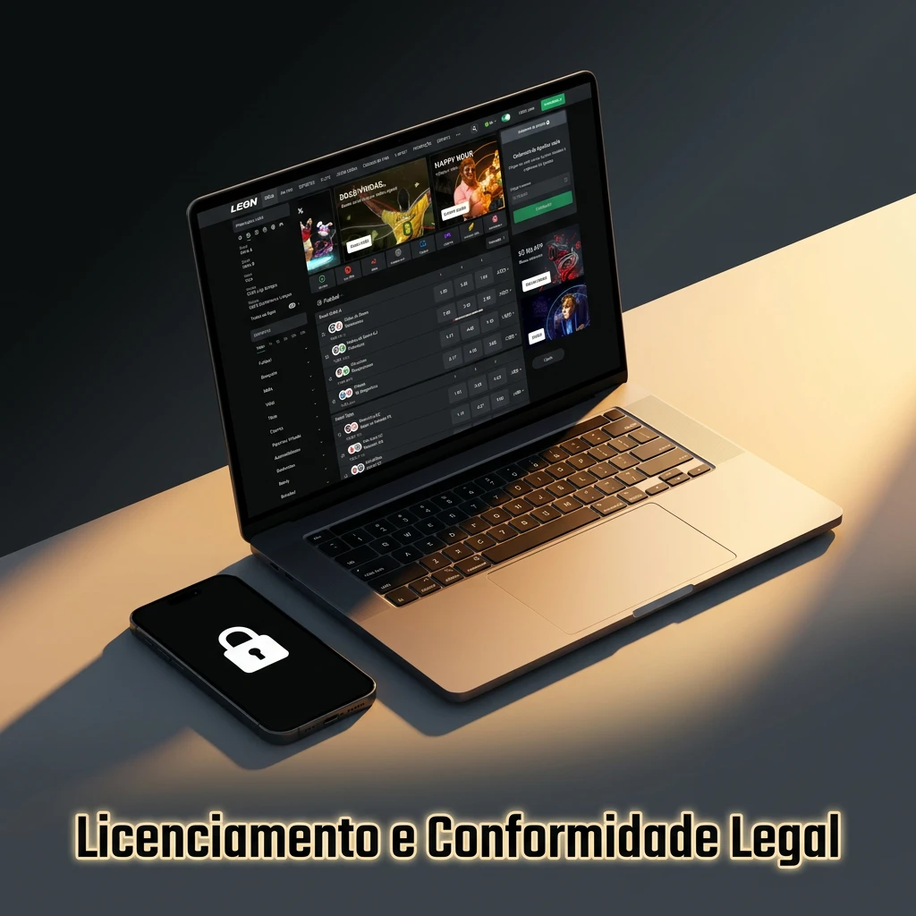 Ilustração de licenciamento e conformidade legal da LeonBet, destacando a licença Curaçao eGaming e a segurança.